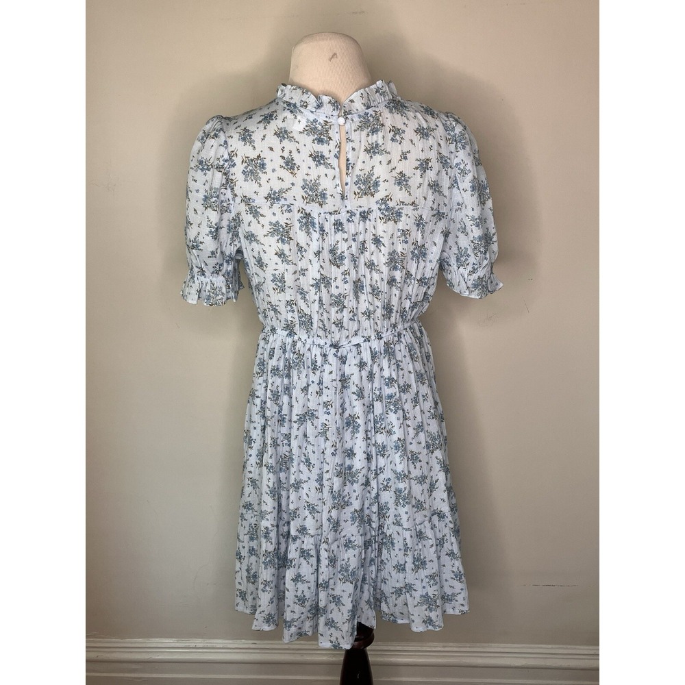 E&M Dress Blue Floral Size L lace ruffles TradWife prairie Cottagecore - Picture 2 of 9
